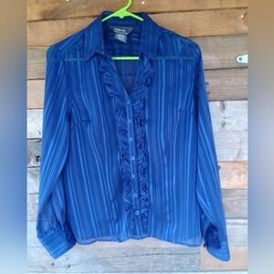 Women's Royal Blue Sheer Button Up Blouse Ruffles Size Small